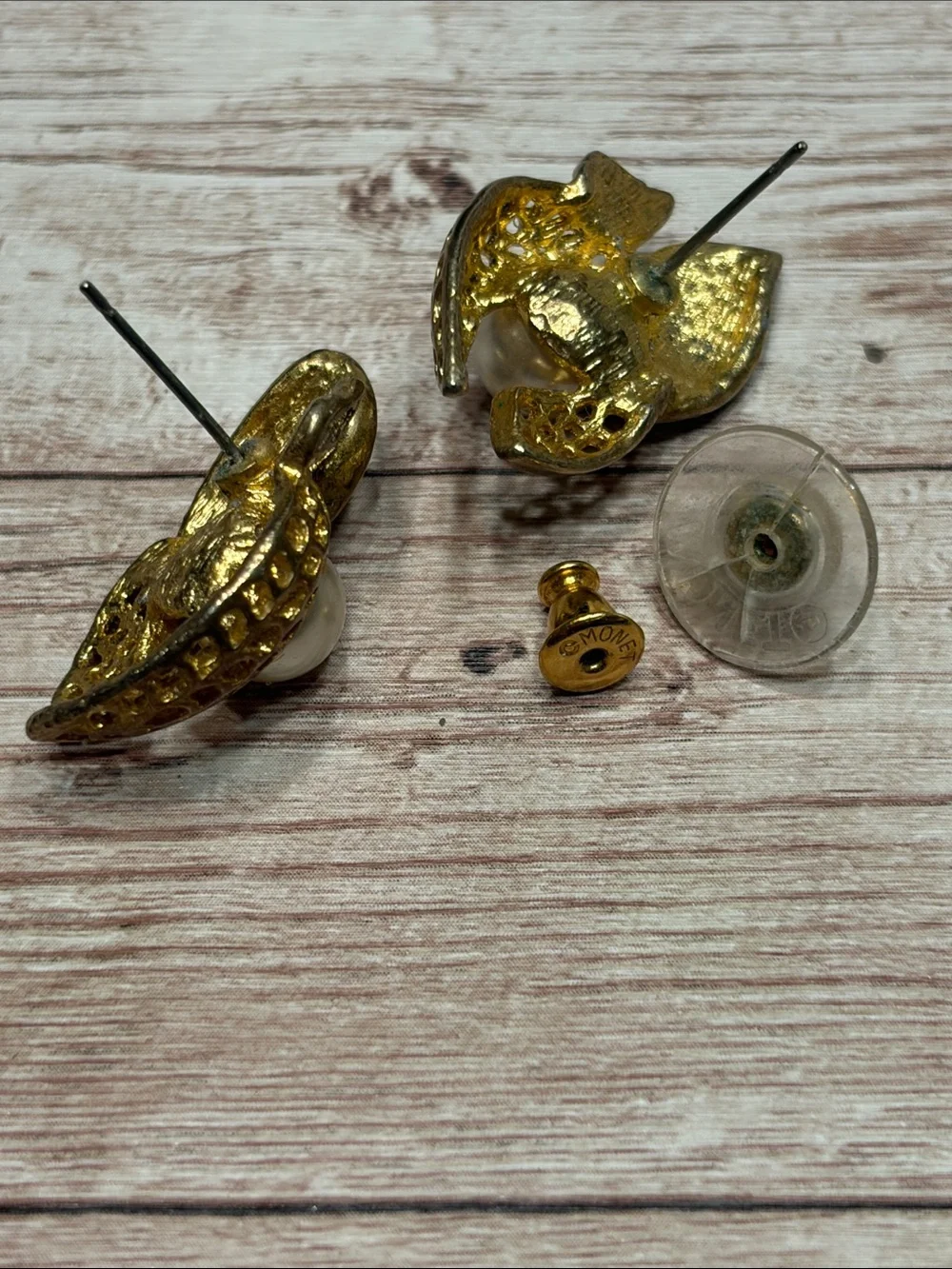 Vintage Monet Two Tone Pearl Leaf Stud Earrings